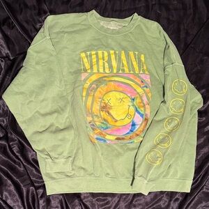 NIRVANA Olive Green Tie-Dye Smiley Crewneck